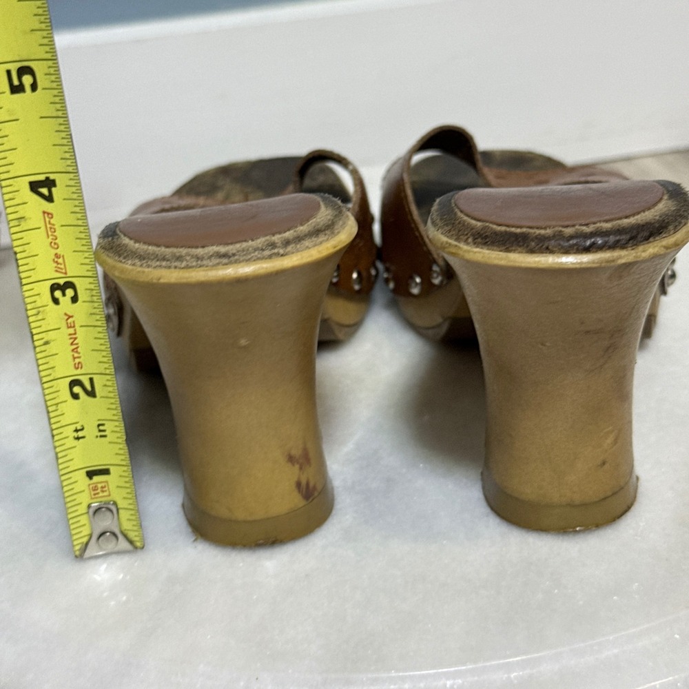 Vtg Candies Brown Leather Studded heels Platform Mules Square Toe 9 shoes y2k - Picture 3 of 15